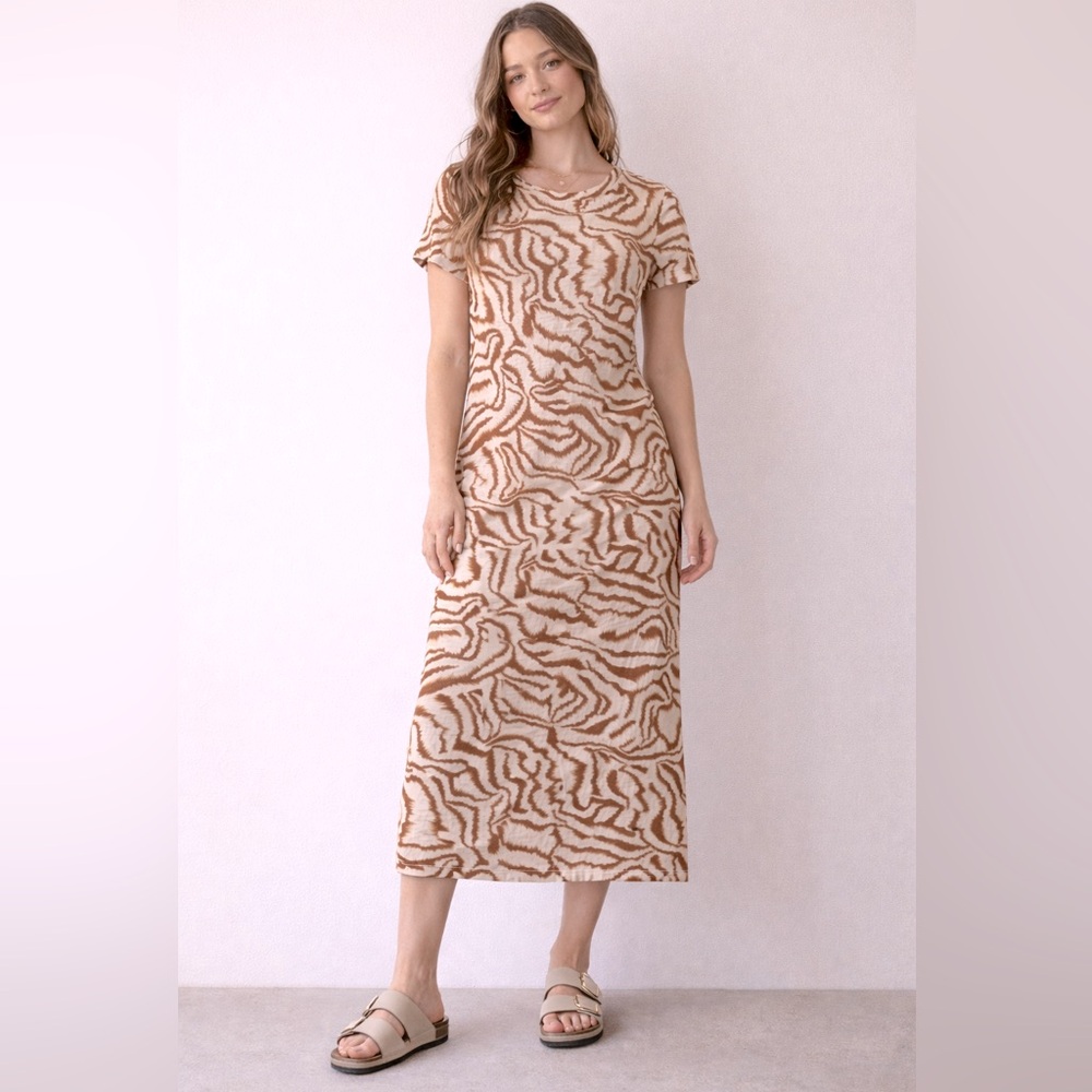 Nine West Zebra Print Midi Dress Tan Brown Short Sleeve XS NWOT Casual T-Shirt